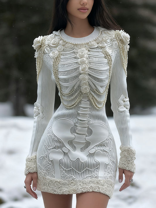 Women's Vintage Halloween Skeleton Bones With White Rose Art Cozy Knit Mini Sweater Dress