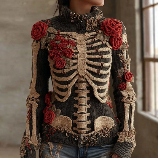 Women's Vintage Red Rose Skeleton Art Cozy Knit Turtleneck Sweater