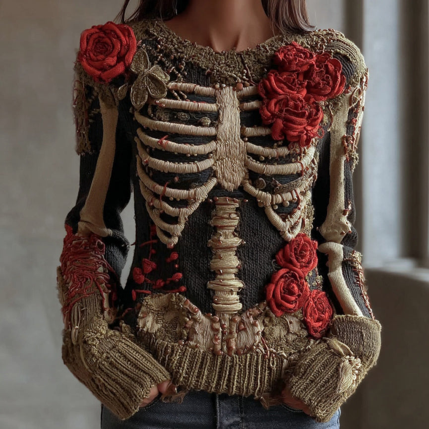Women's Vintage Skeleton Red Rose Art Knit Pullover Sweater