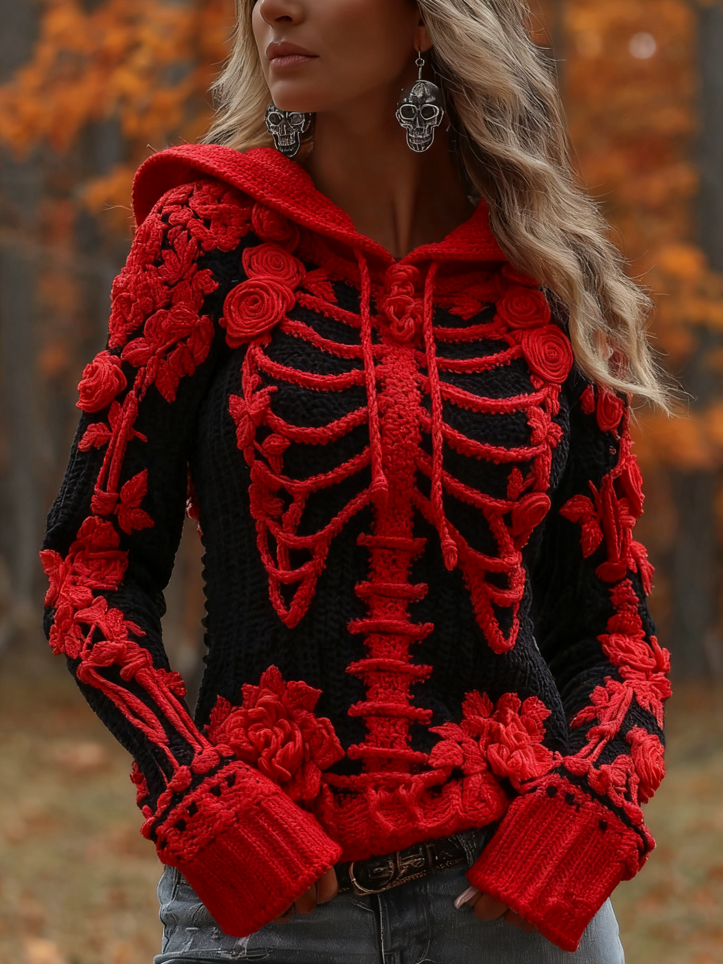 Women's Halloween Skeleton Bones With Roses Art Knitted Warm Hooded Sweater