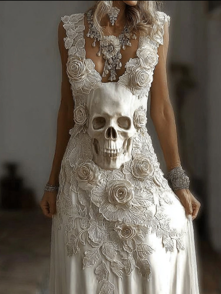 Women's Halloween Skeleton Flower Embroidered Lace Sleeveless Long Dress