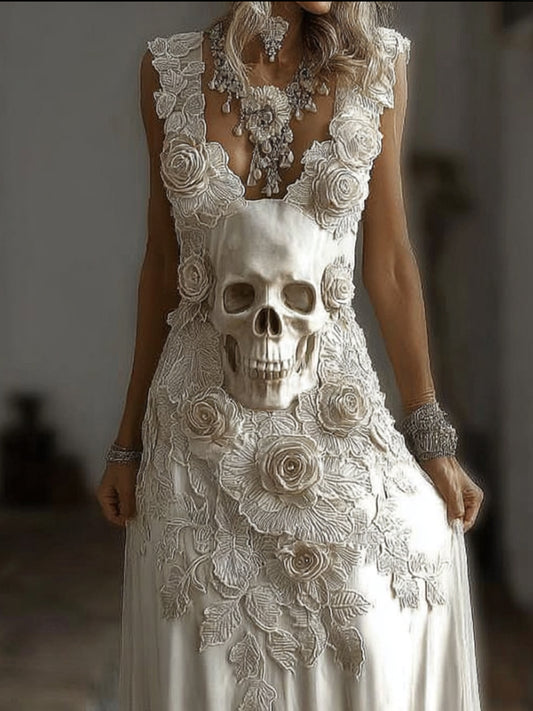 Women's Halloween Skeleton Flower Embroidered Lace Sleeveless Long Dress