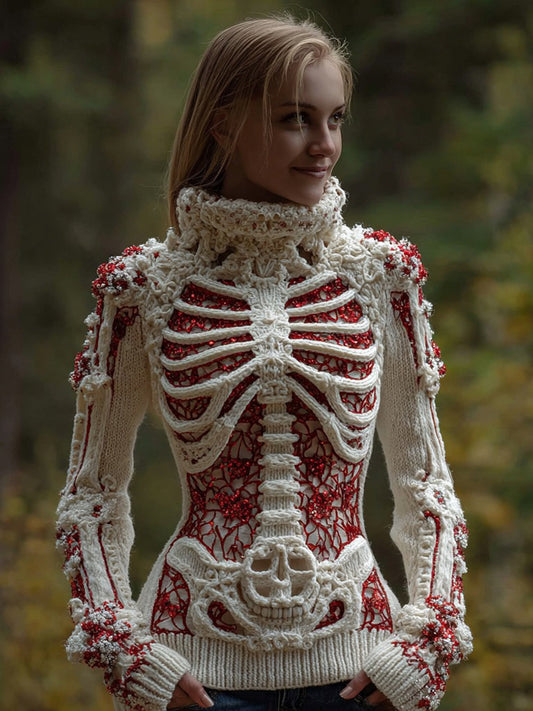 Women's Halloween Sequined Skull Cozy Knit Turtleneck Sweater