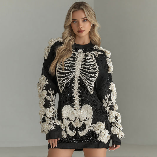 Women's Halloween Skeleton Bones With Rose Art Hot Sexy Style Cozy Knit Mini Sweater Dress