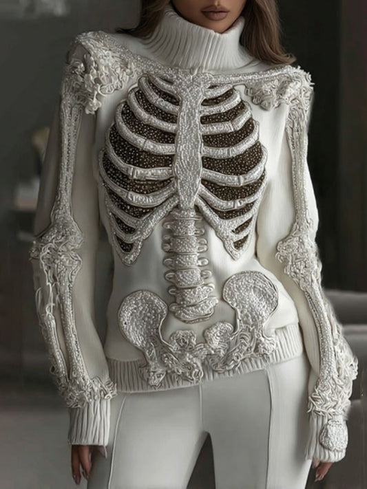 Women's Vintage Skeleton Sequins & Floral Art Cozy Sweater