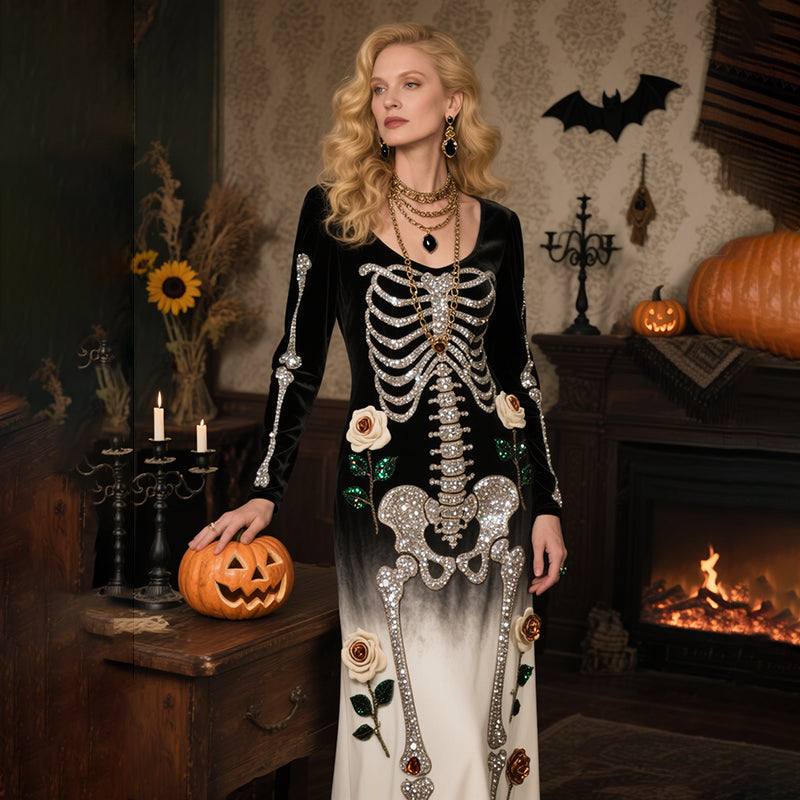 Vintage Halloween Skeleton Bones With Roses Flowy Velvet Maxi Dress
