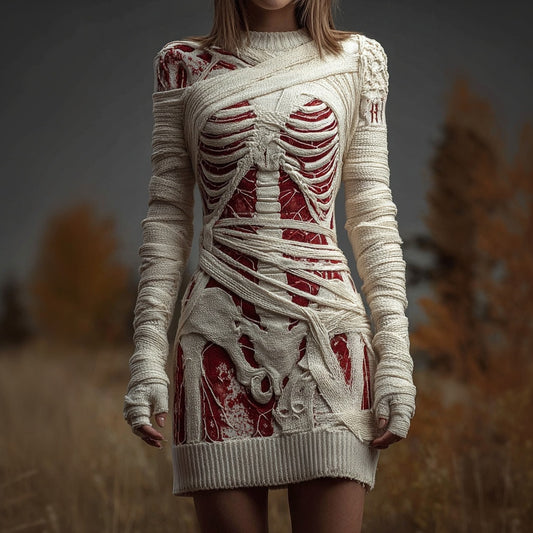 Vintage Halloween Skeleton Bandage Art Cozy Sweater Dress