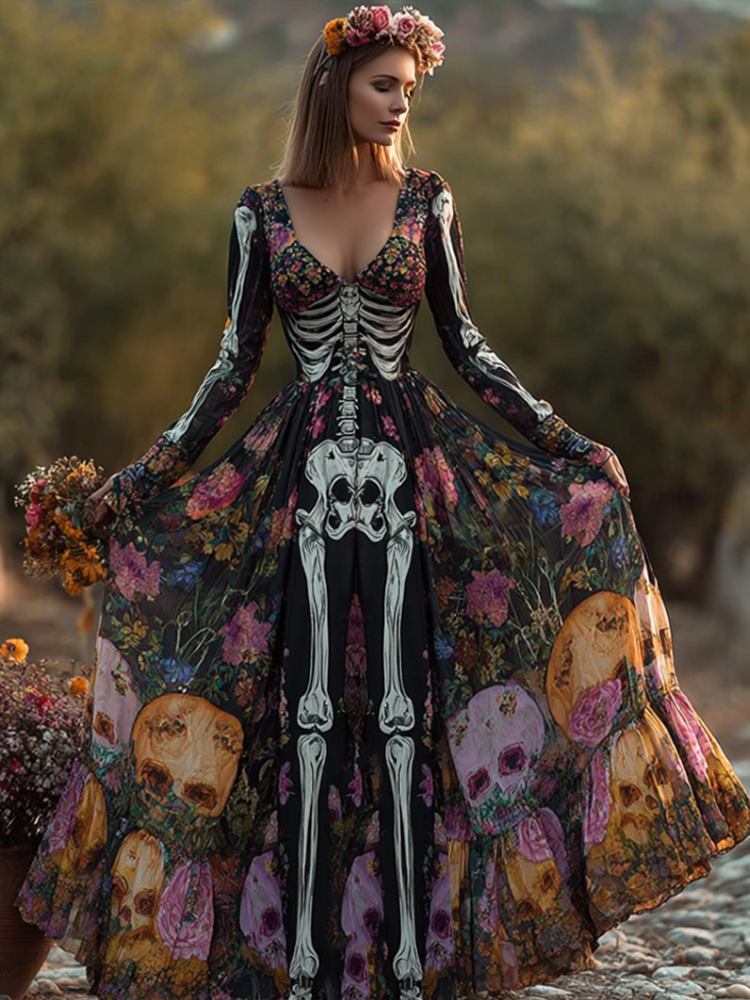 Halloween Plant Flower And Skeleton Bone Pattern Combined Design Women Long Cotton And Linen Dress