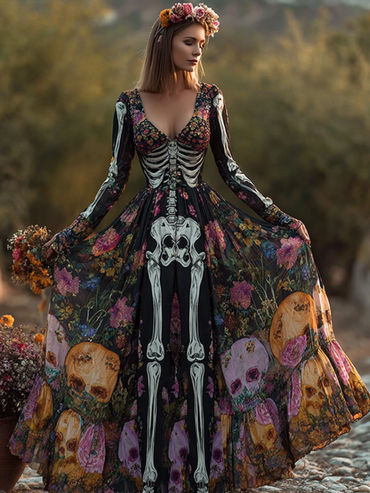 Halloween Plant Flower And Skeleton Bone Pattern Combined Design Women Long Cotton And Linen Dress