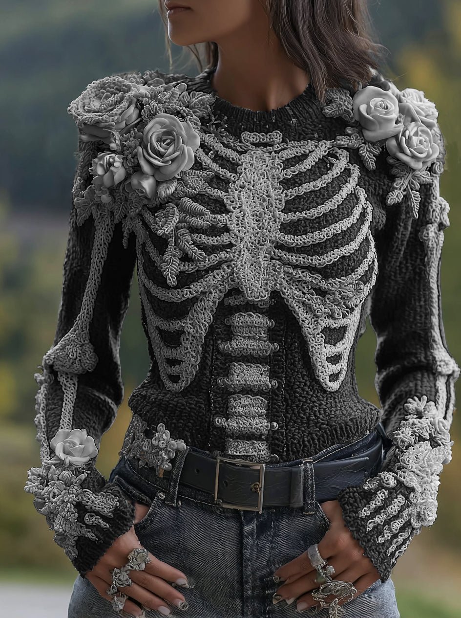 Women's Halloween Skeleton Bones With Roses Art Knitted Warm Sweater