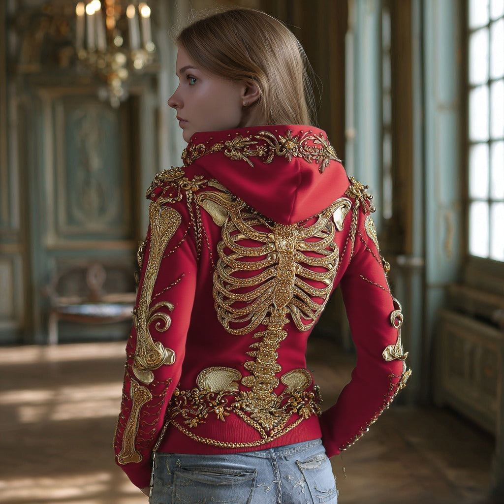 Women's Gothic Skull And Floral Embroidered Hoodie