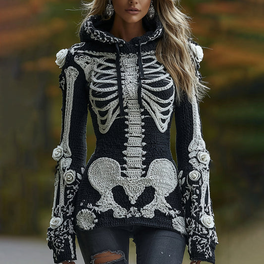 Women's Halloween Skeleton Bones With Roses Art Knitted Warm Hooded Sweater