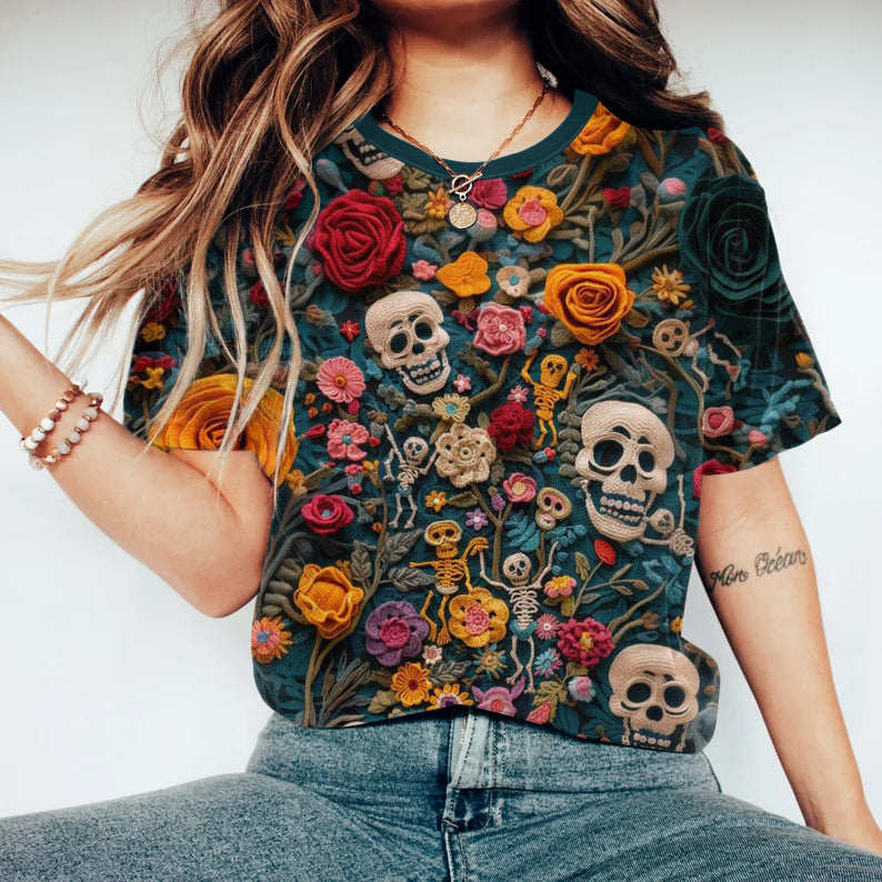 Mexican Skull Flowers Day Of The Dead Cotton Graphic T-Shirt