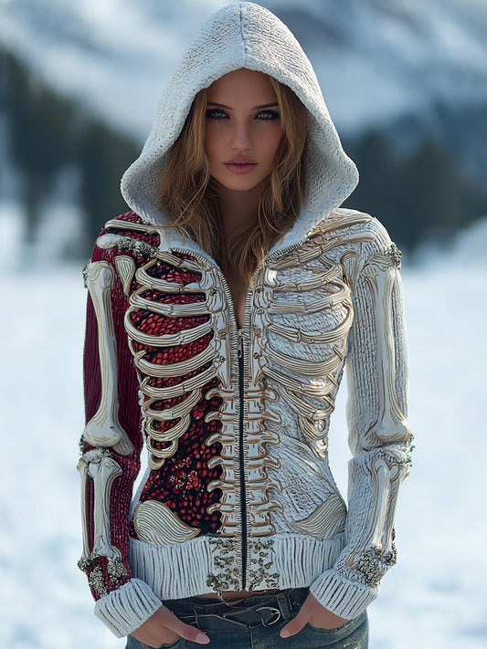 Women's Vintage Halloween Halloween Skeleton Bones With Blood Glitter Art Knitted Warm Zip-up Sweater