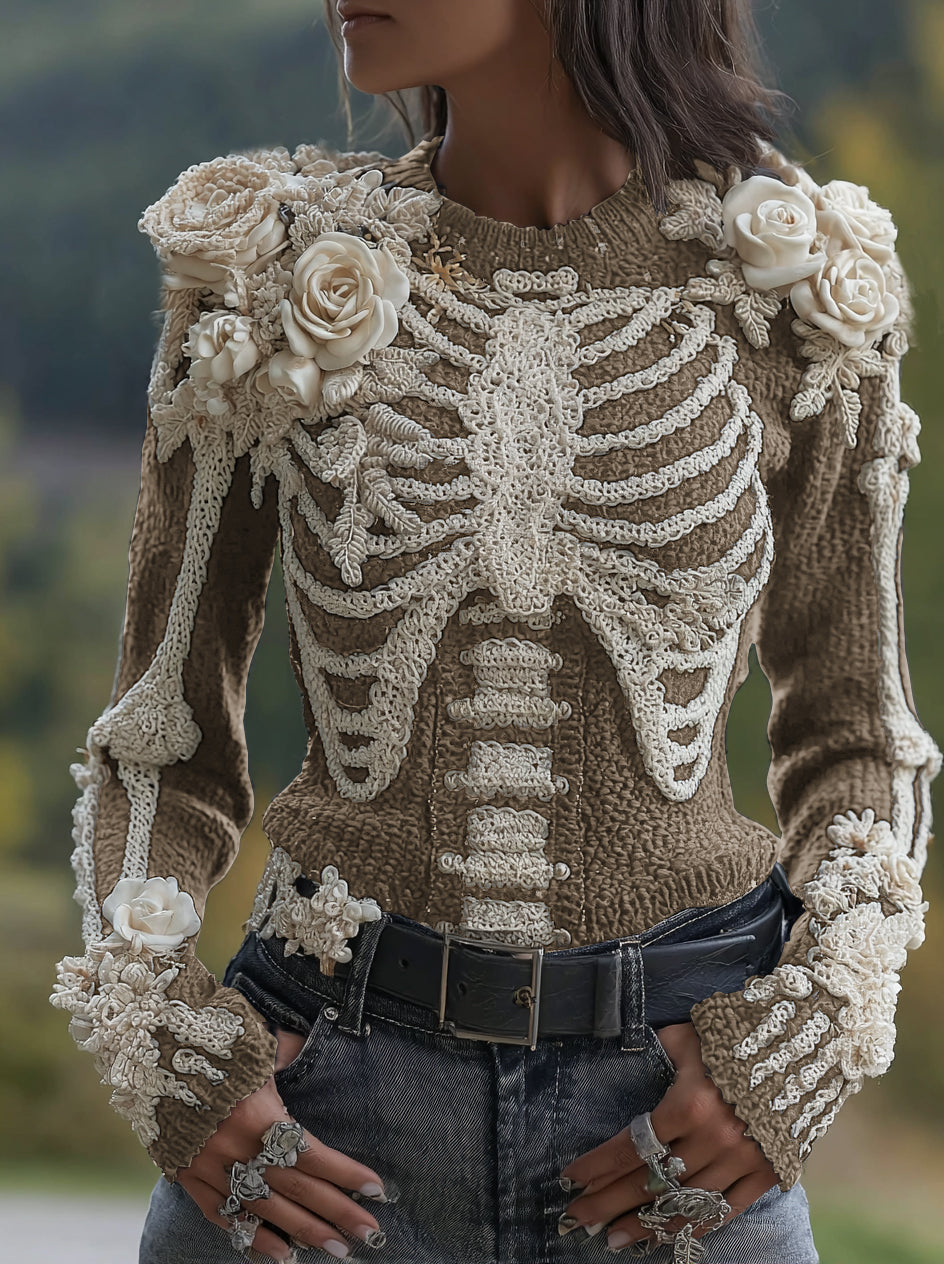 Women's Halloween Skeleton Bones With Roses Art Knitted Warm Sweater