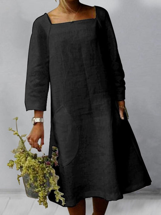 Airrys™ Ladies Cotton Linen Pocket Casual Solid Color Dress
