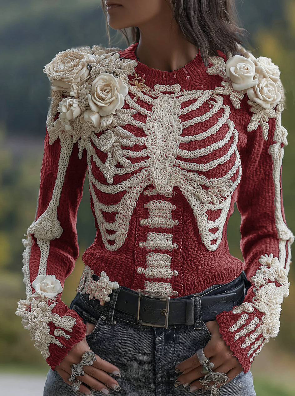 Women's Halloween Skeleton Bones With Roses Art Knitted Warm Sweater