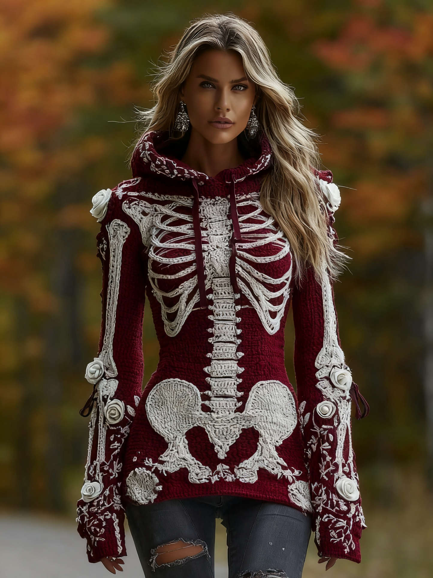 Women's Halloween Skeleton Bones With Roses Art Knitted Warm Hooded Sweater