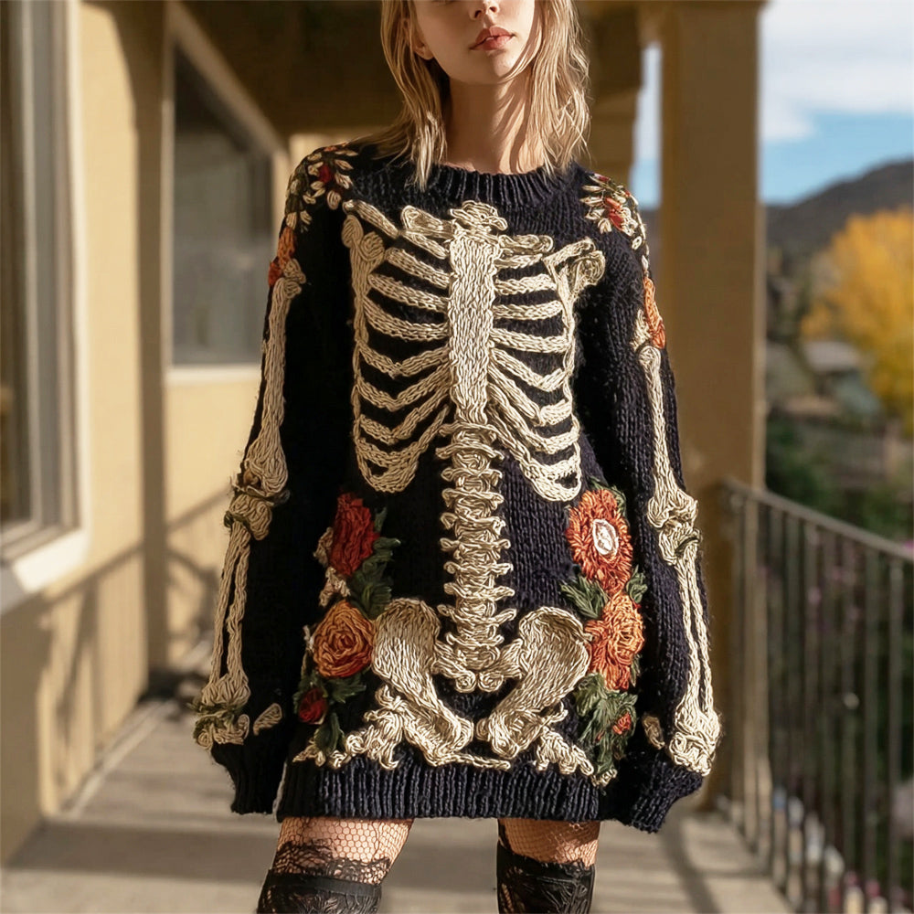 Halloween Skeleton & Floral Embroidery Women's Knit Sweater