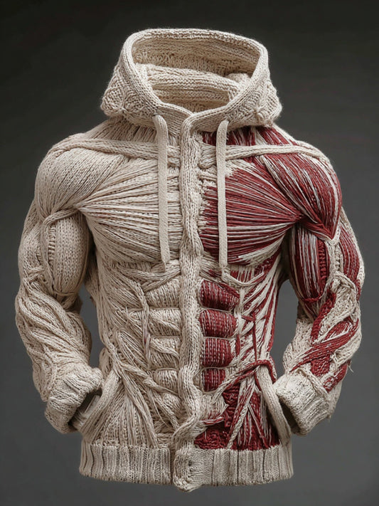 Men's Vintage Skeleton Muscles Art Cozy Hooded Sweater