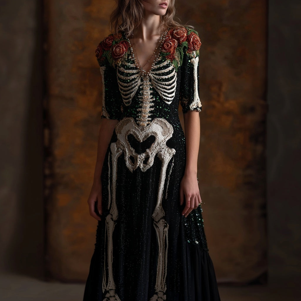 Vintage Skeleton Roses Glitter V Neck Cozy Maxi Dress