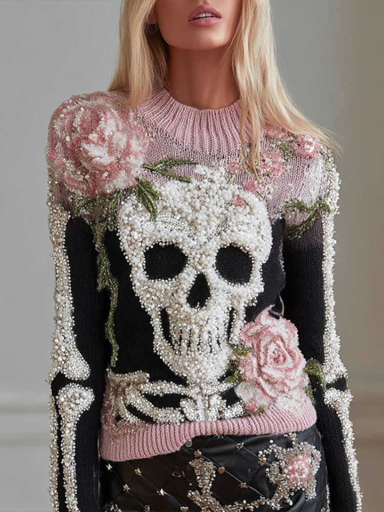 Halloween Skeleton And Plant Flower Pattern Combined Design Women's Knitted Sweater