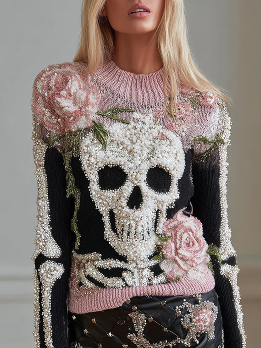 Halloween Skeleton And Plant Flower Pattern Combined Design Women's Knitted Sweater