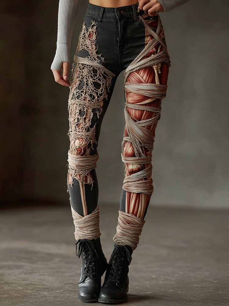 Women's Halloween Muscle Pattern Washed Jeans
