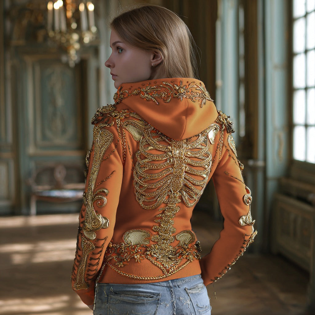 Women's Gothic Skull And Floral Embroidered Hoodie