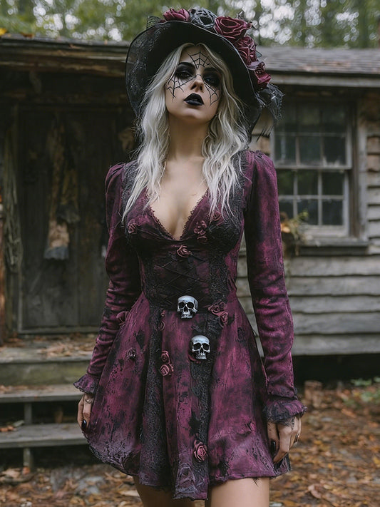 Women's Halloween Rose Skeleton Witch Cosplay Midi Dress