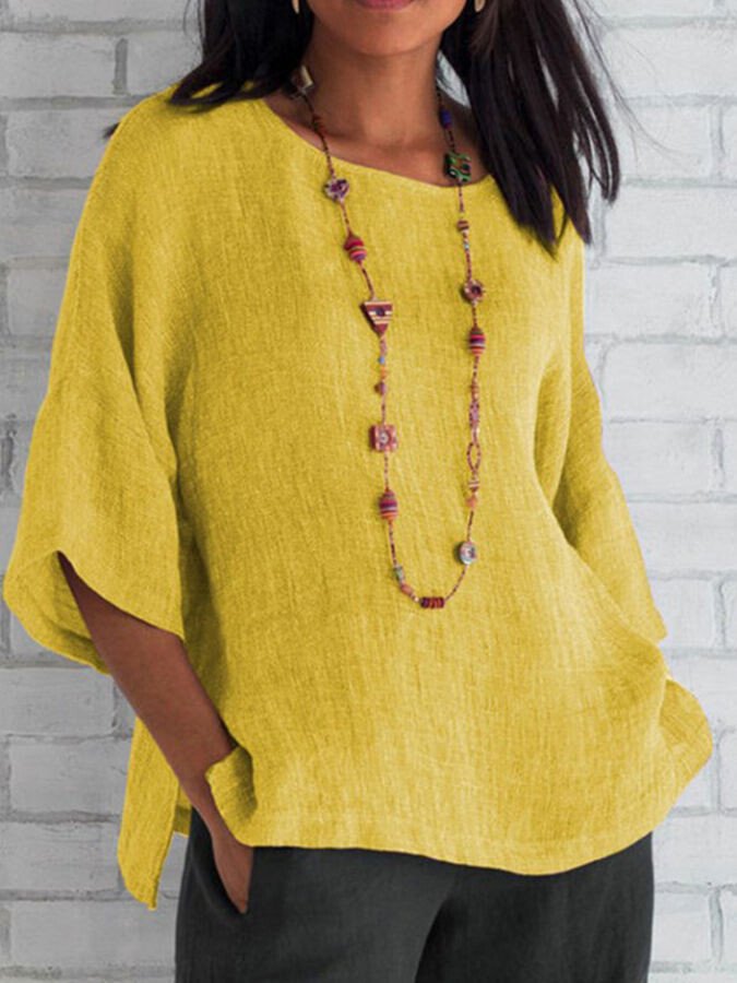 Airrys™ Women's Cotton Linen Three-quarter Sleeve Crew Neck Shirt