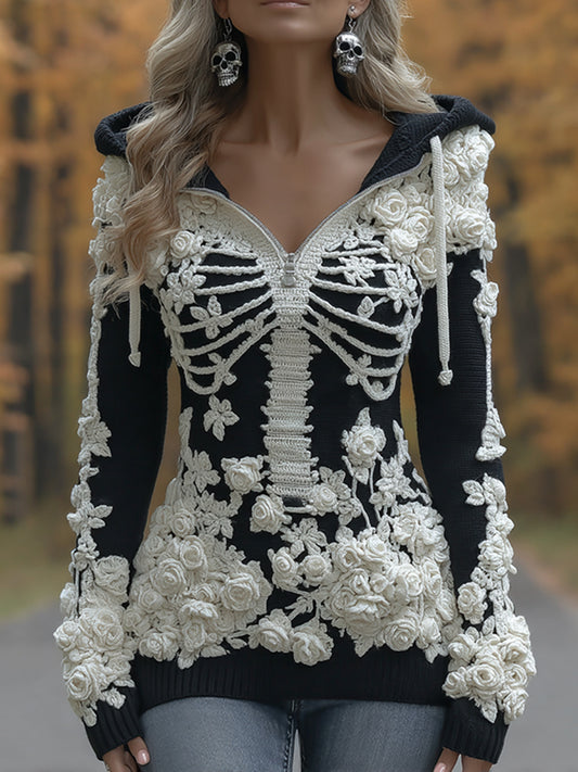 Women's Halloween Skeleton Bones With Roses Art Knitted Warm Half-neck Hooded Sweater