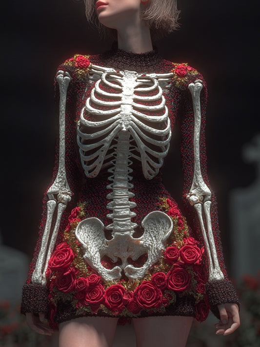 Vintage Halloween Skeleton Roses Art Cozy Sweater Dress