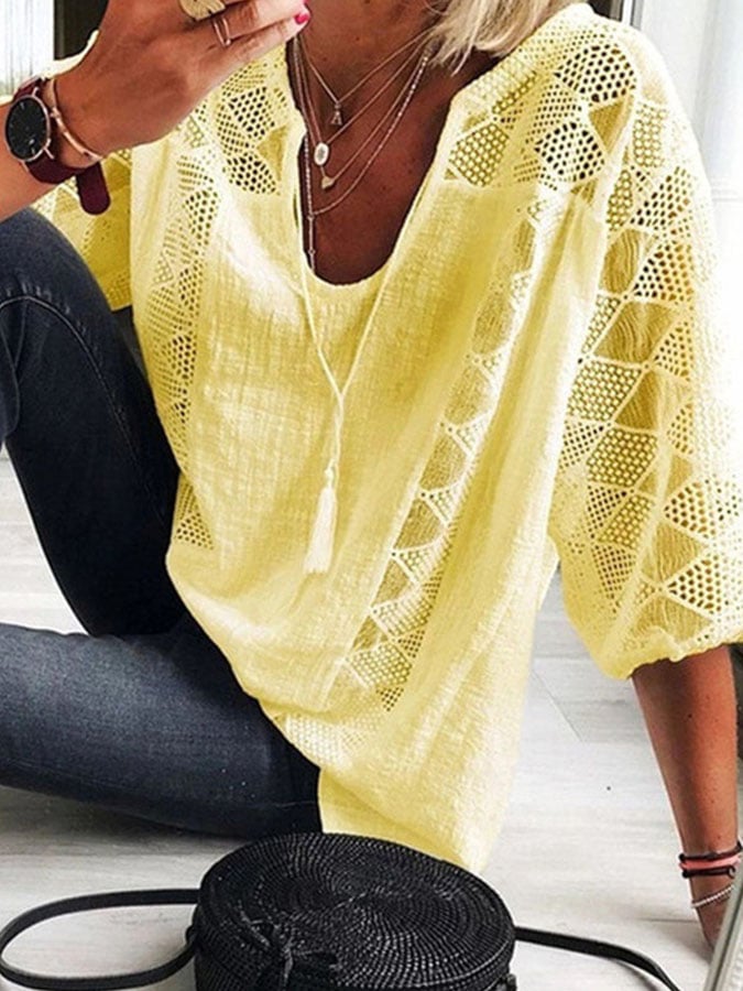 Loose Solid Color Pullover V-Neck Shirt