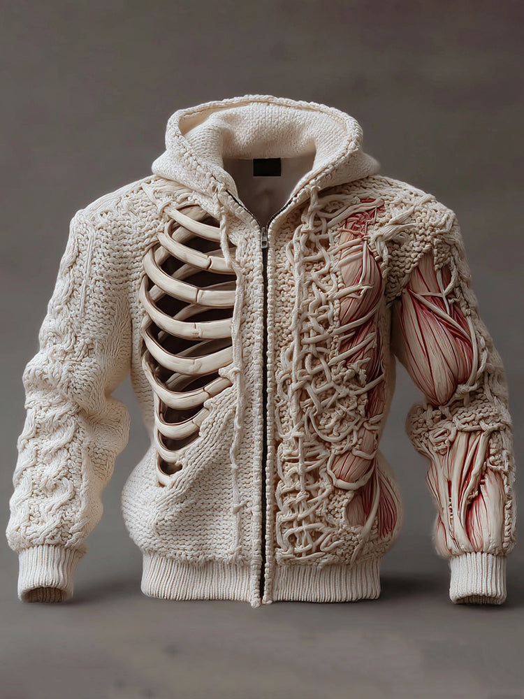 Men's Halloween Skull And Muscle Art Knit Zippered Jacket