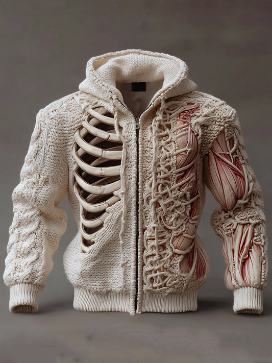Men's Halloween Skull And Muscle Art Knit Zippered Jacket
