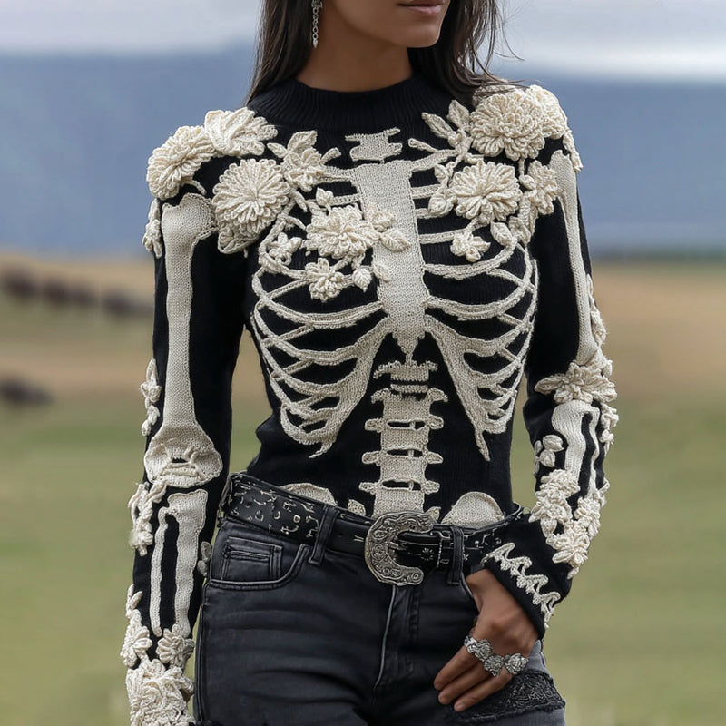 Women's Vintage Skeleton & Floral Crew Neck Art Cozy Sweater
