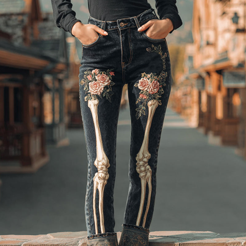 Halloween Vintage Skull Rose Embroidered Jeans