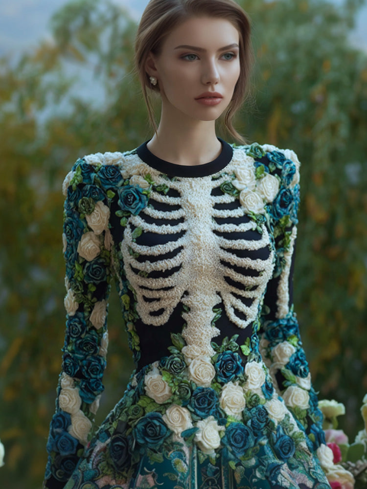 Women's Vintage Halloween Skeleton Bones With Rose Art Cozy Knit Mini Sweater Dress