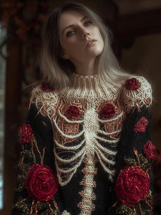 Women Halloween Skull And Rose Vintage Round Warm Neck Sweater