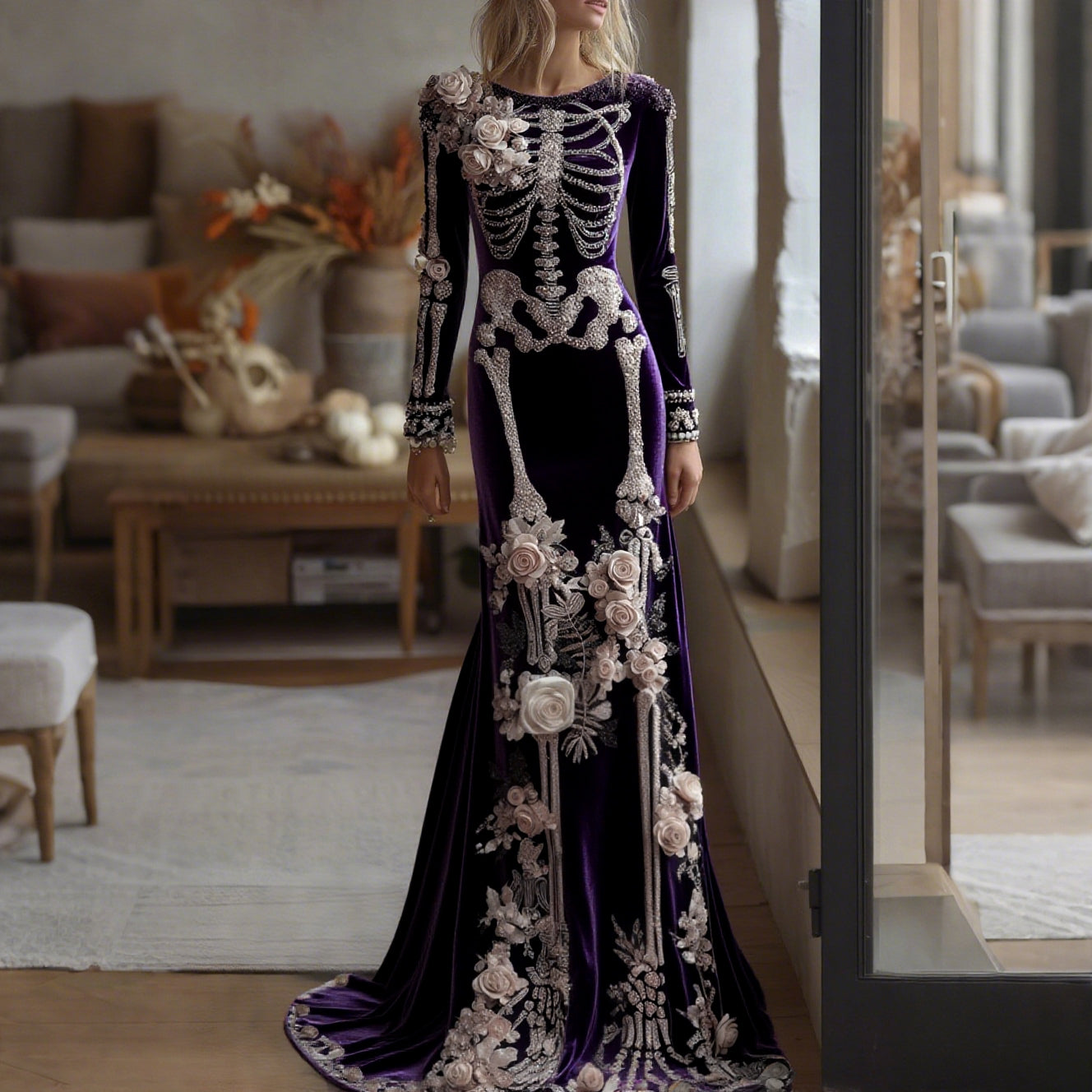 Women's Halloween Dark Gothic Rose Skeleton Velvet Round Neck Maxi Dress