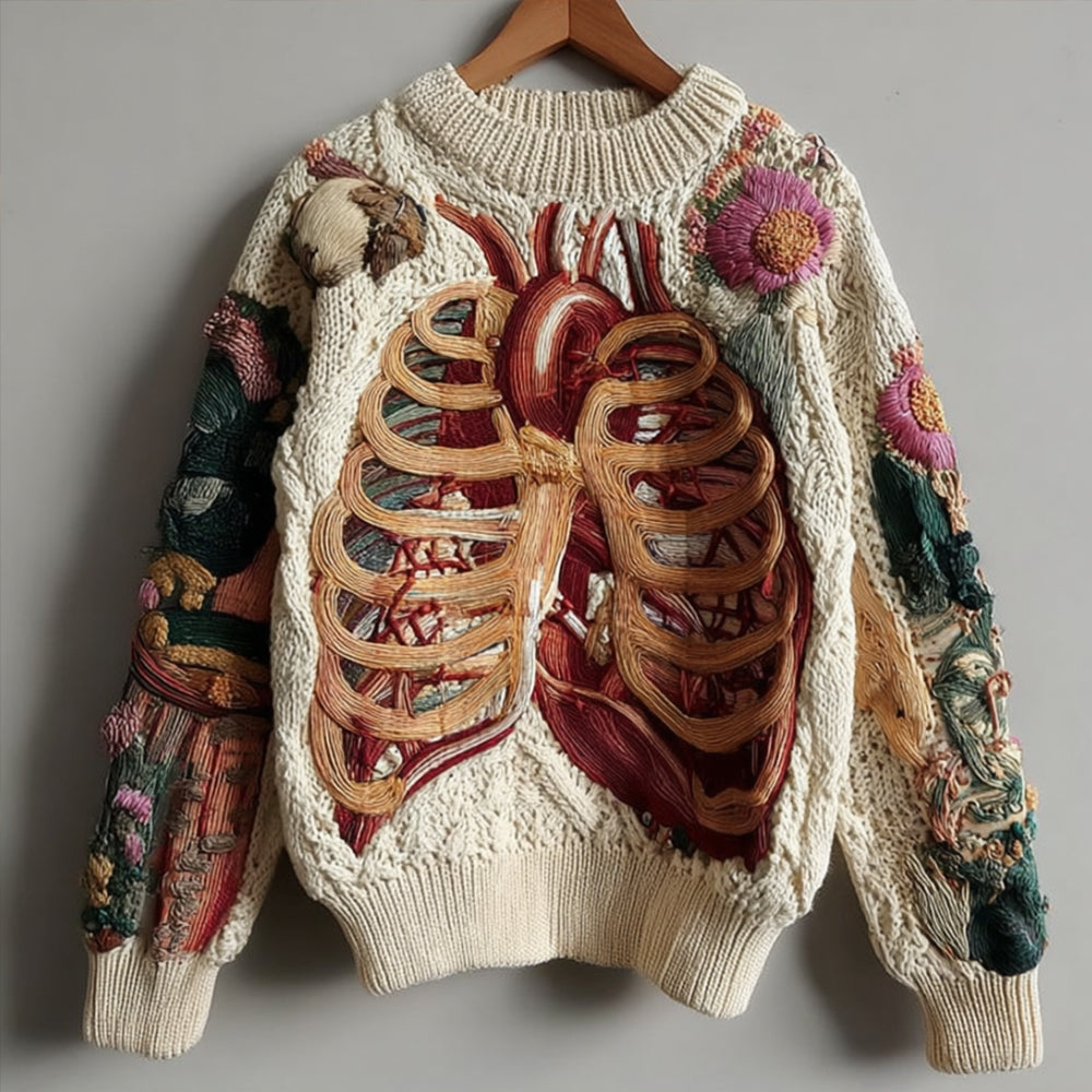 Vintage Halloween Human Anatomy Art And Floral Beige Round Neck Sweater