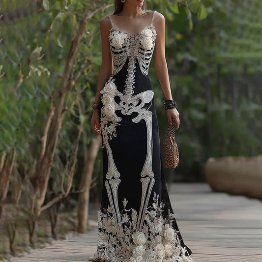 Women's Vintage Halloween Skeleton Bones With Rose Art Cozy Sleeveless Maxi Dress