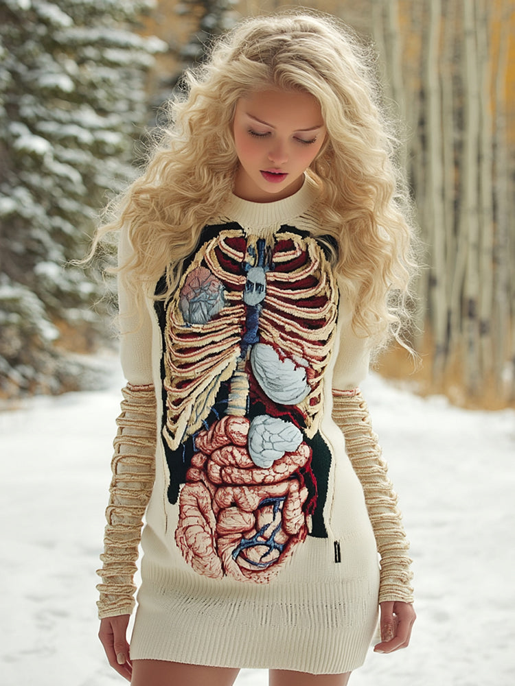 Women's Vintage Halloween Anatomy Art Cozy Knit Mini Sweater Dress