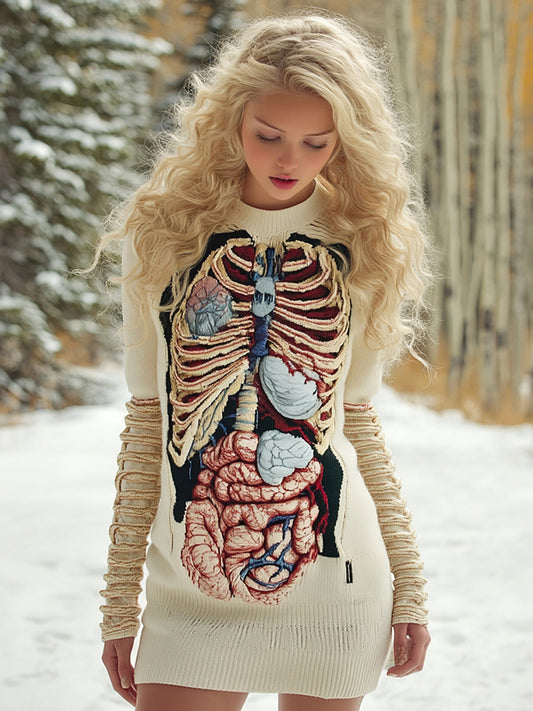 Women's Vintage Halloween Anatomy Art Cozy Knit Mini Sweater Dress