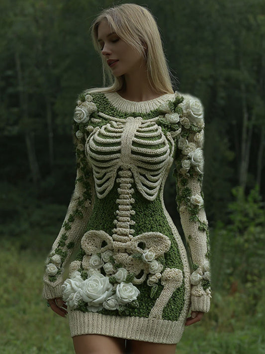 Women's Vintage Skeleton With White Rose Art Cozy Sweater Dress