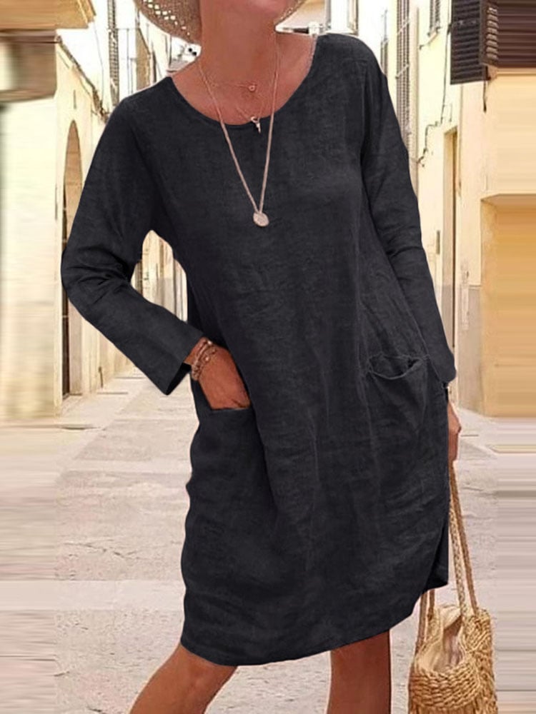 Women's Solid Color Pocket Long Sleeve Round Neck Cotton Linen Dress
