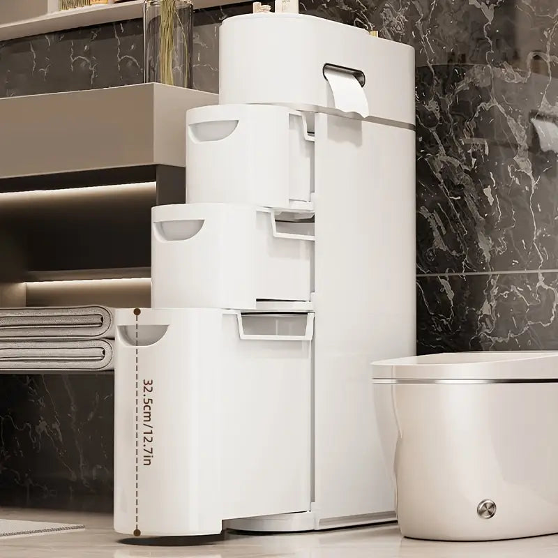 White storage cabinet with closed doors - multipurpose storage box with space-saving vertical design