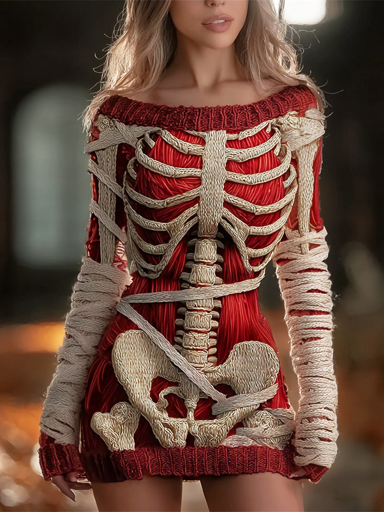 Halloween Skeleton & Bandage Art Women's Knit Slim-fit Sweater