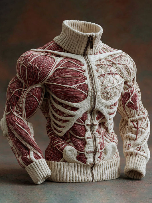 Men's Vintage Muscles Anatomy Art Jacquard Cozy Knitted Zipper Cardigan